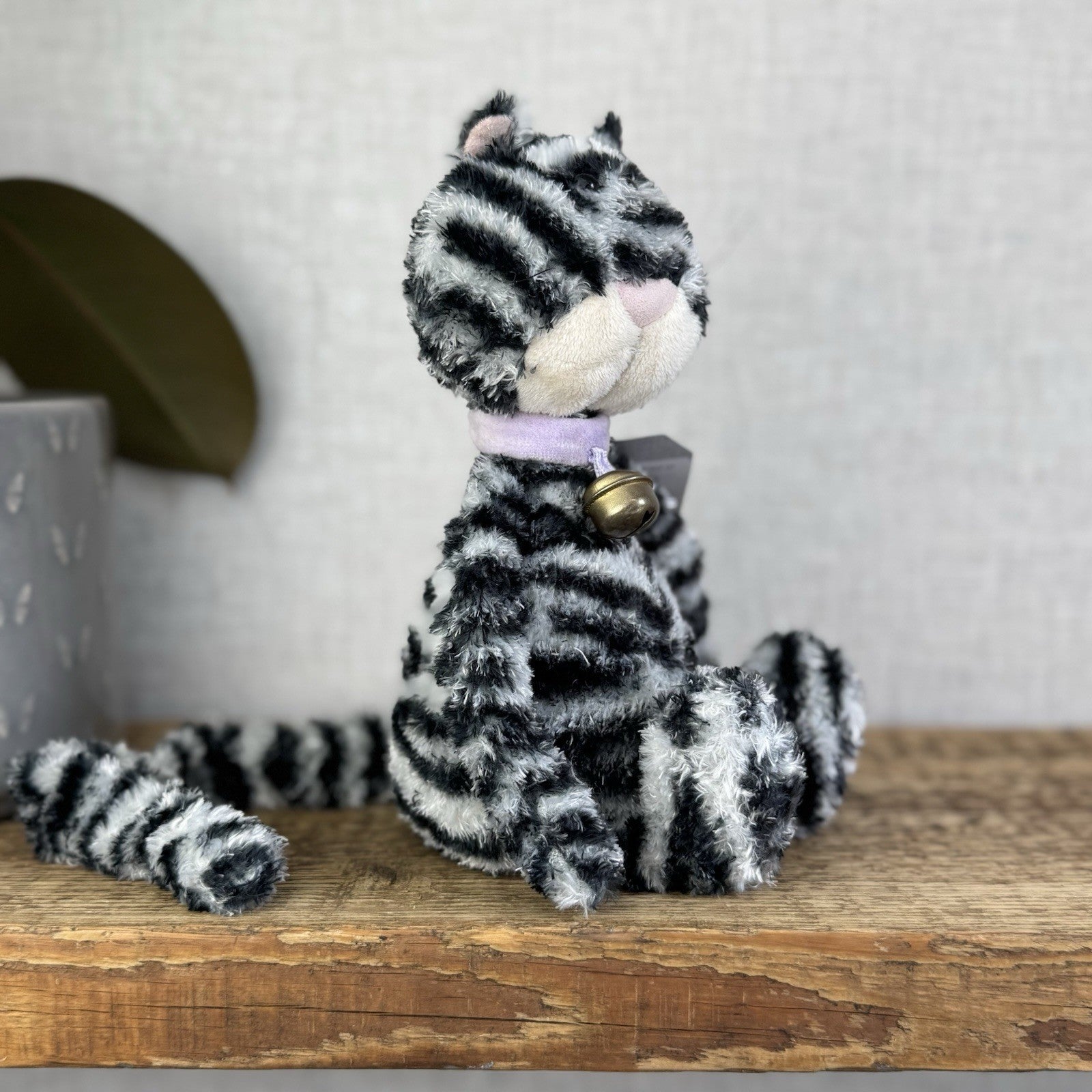 Jellycat Miaow Bella Expresso Cat - Grey/Black Striped Cat Collar With Bell 12"