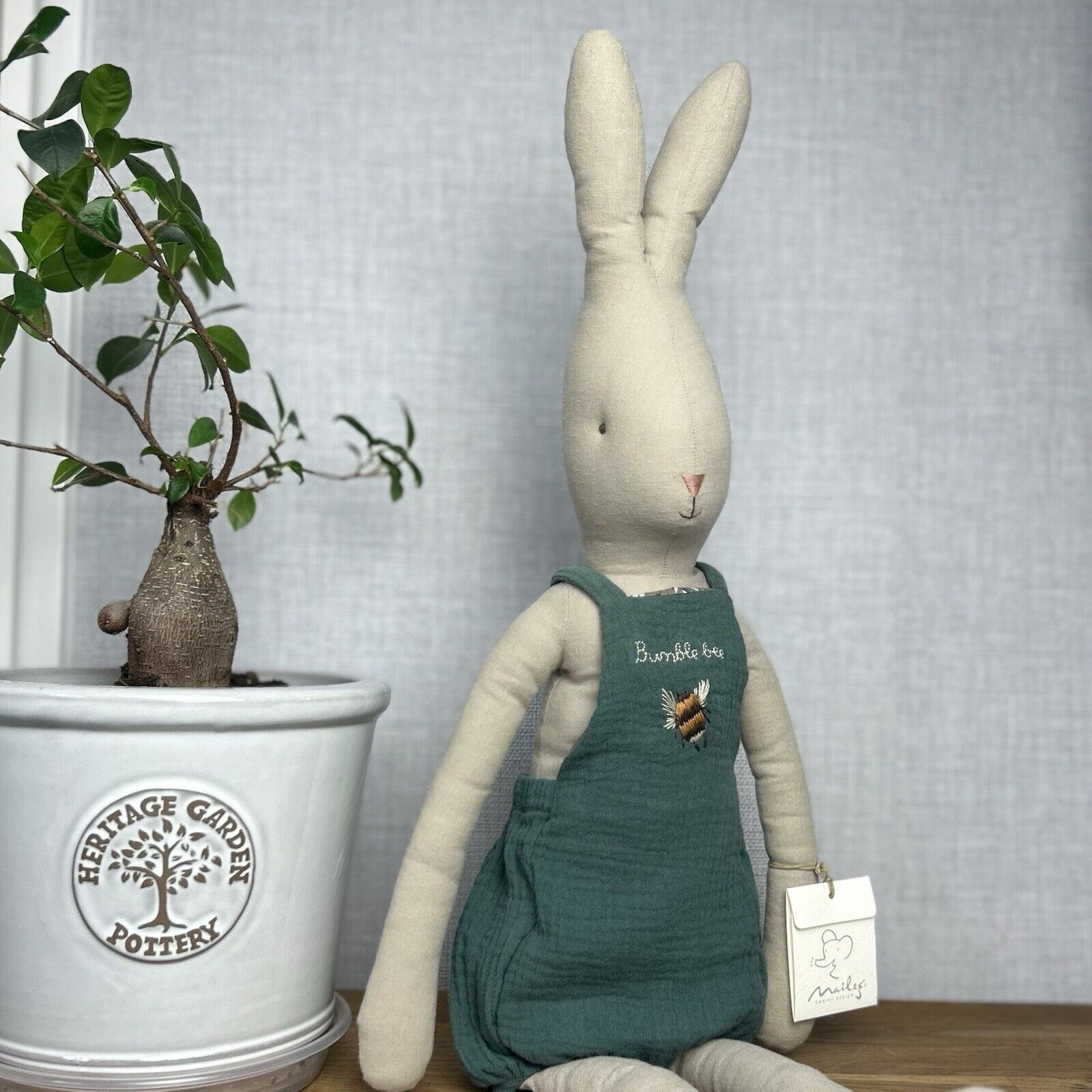 Maileg Size 5 Rabbit In Overalls - Large Bunny Rabbit Green Bee Romper/overalls
