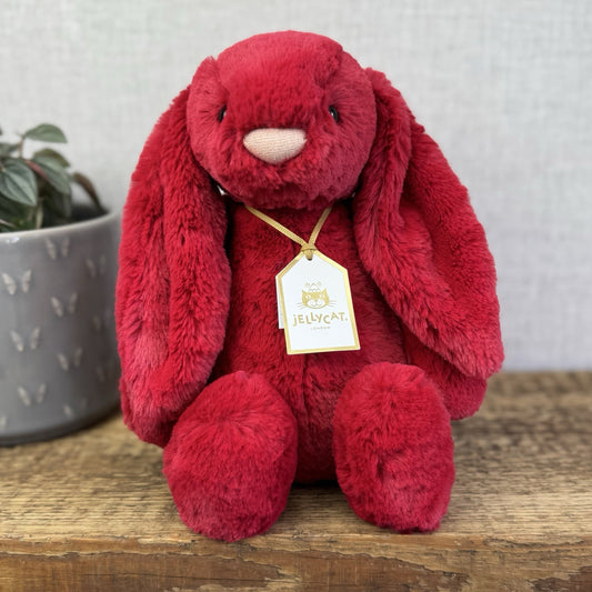 Jellycat Original Bashful Luxe Bunny Scarlett - Red Fluffy Bunny White Tail NWT