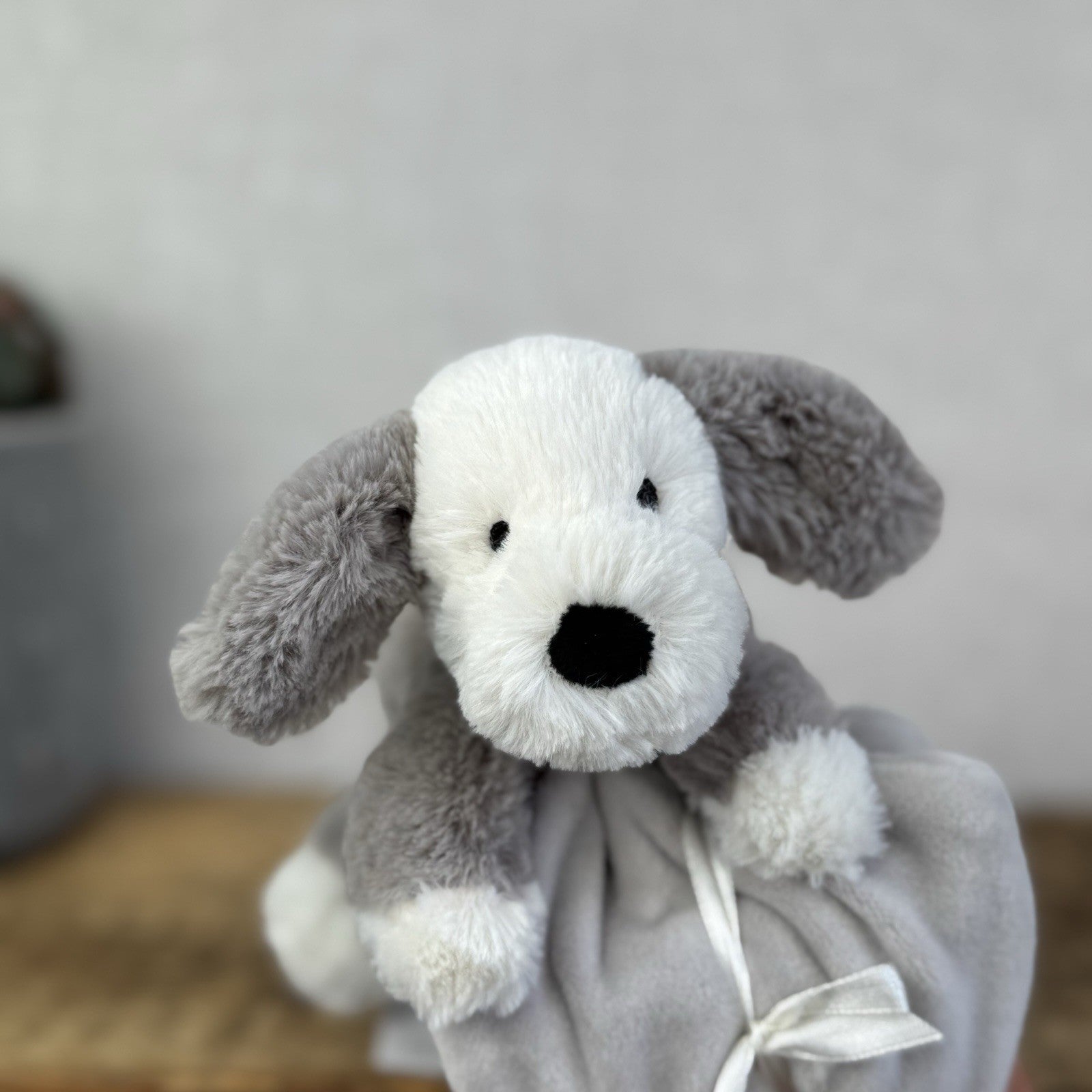 Jellycat Shooshu Puppy Soother Comfort Blanket Grey Retired Rare (Smudge Puppy)