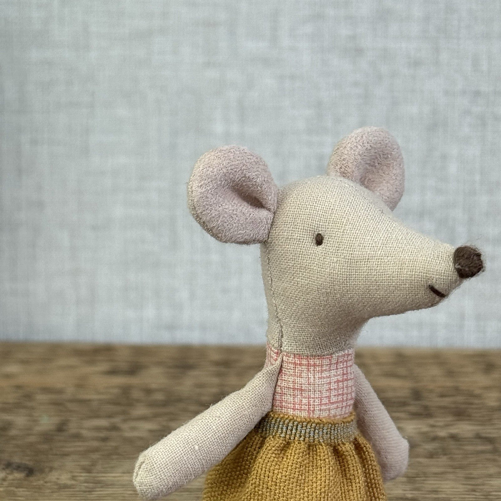 Maileg Little Sister - Red Check Bodice, Yellow Skirt, Miniature Maileg Mouse