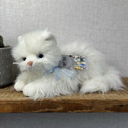 TY Sugar White Persian Cat - White Fluffy Persian Cat Blue Eyes & Bow 2002