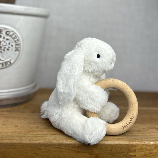 Jellycat Shooshu White Rabbit Ring - Rattle Toy - Smudge Teether 5” Retired