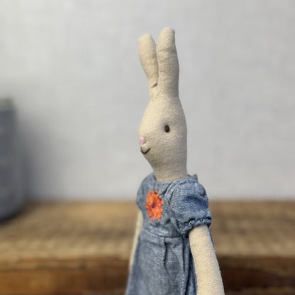 Maileg Small Rabbit Denim Dress Floral Detail - Older Style Bunny Retired 2010