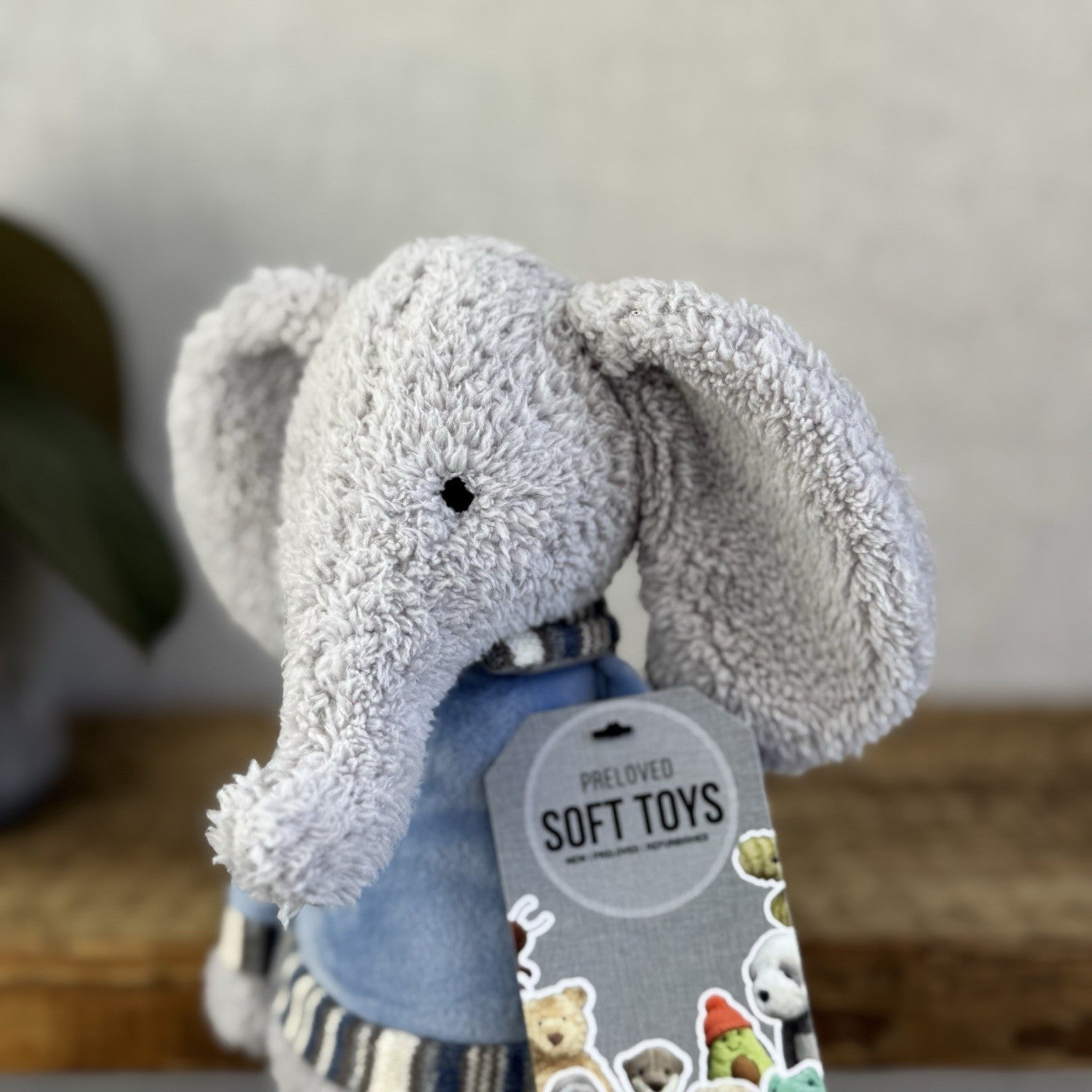 Jellycat Lingley Elephant - Texture Grey Elephant Blue Jumper Retired Beanie 11”