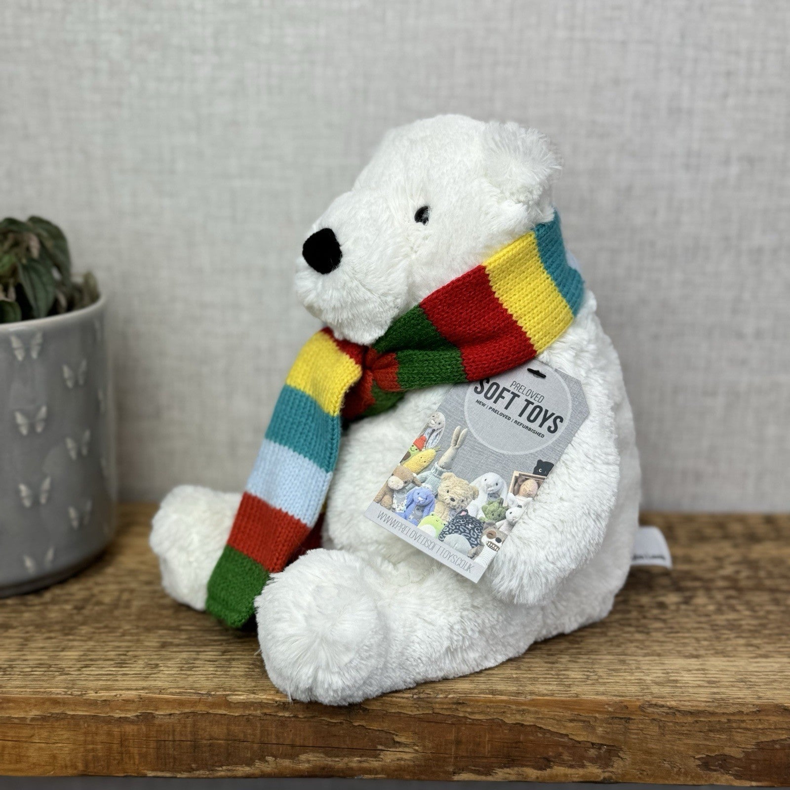 John Lewis Polar Bear Beanie Plush Rainbow Scarf - Christmas Bear (Jellycat) 10"