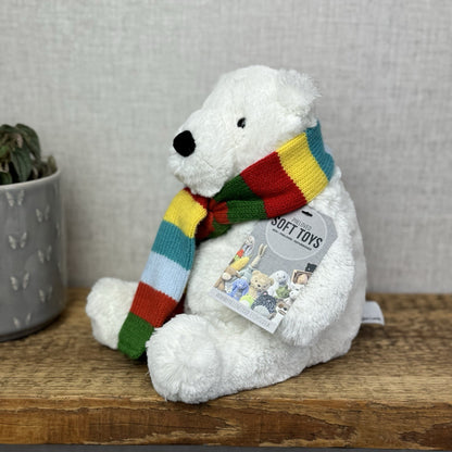 John Lewis Polar Bear Beanie Plush Rainbow Scarf - Christmas Bear (Jellycat) 10"