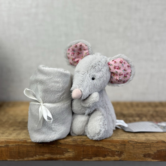Jellycat Bashful Blossom Mouse Soother - Grey Mouse Comfort Blanket Pink Ears