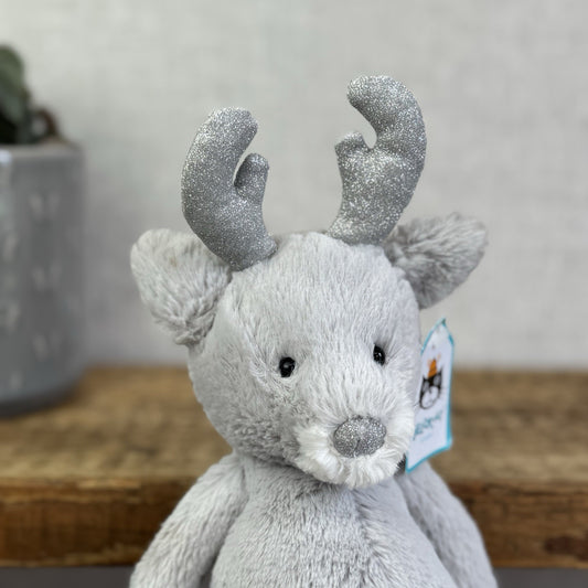 Jellycat Bashful Sparkle Reindeer - Silver/Grey Sparkly Deer Christmas Soft Toy