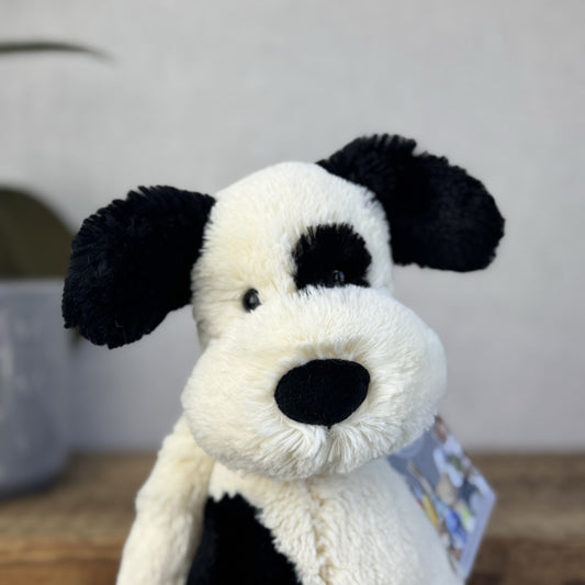 Jellycat Bashful Black & Cream Puppy Dog - Medium Beanie Dog Retired Plush 12”
