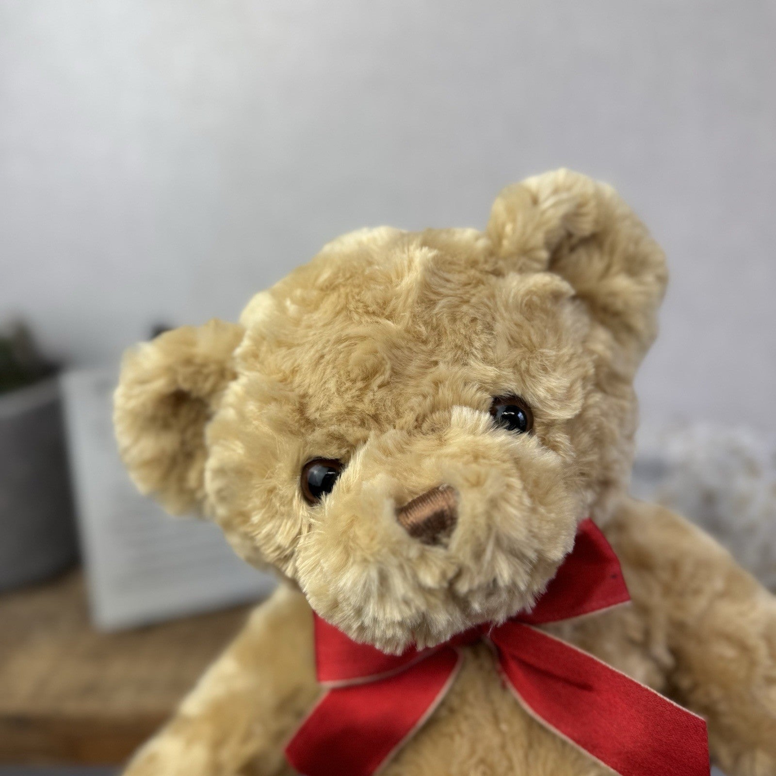 Traditional Bear Golden Beanie Red Bow- Christmas Gift Soft Toy Wrapped & Ready