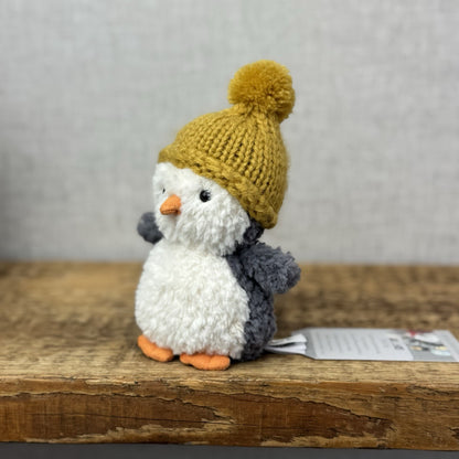 Jellycat Wee Penguin In Ochre Bobble Hat - Mini Penguin Plush Winter Toy 6”