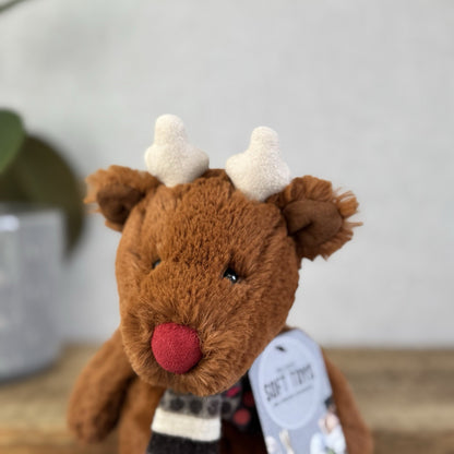 Jellycat Small Bashful Reindeer With Scarf - Red Nose Reindeer Beanie Plush 8”
