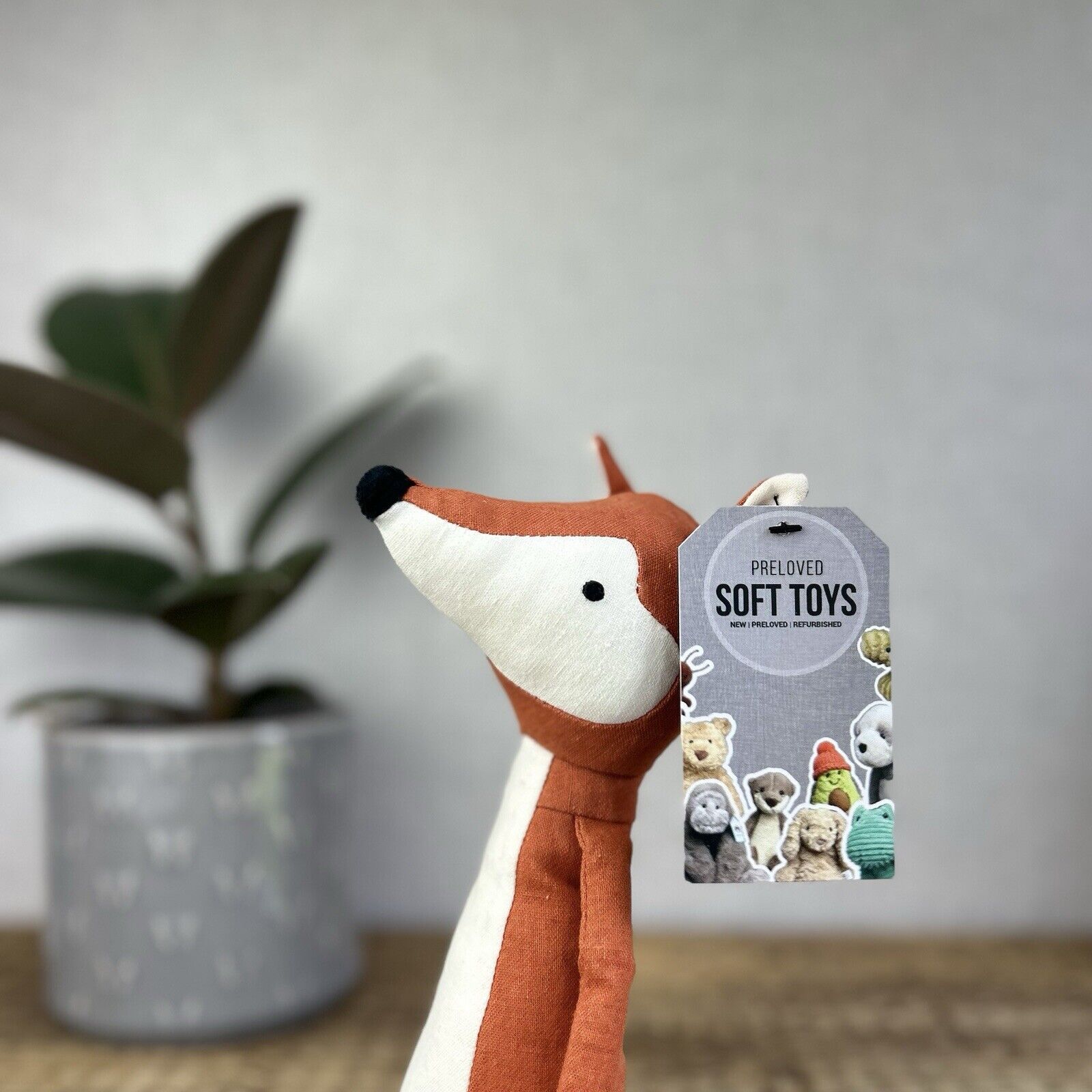 Jellycat Skandoodle Fox - Linen Fox Soft Toy Beanie Botton - Scandi Style 14"