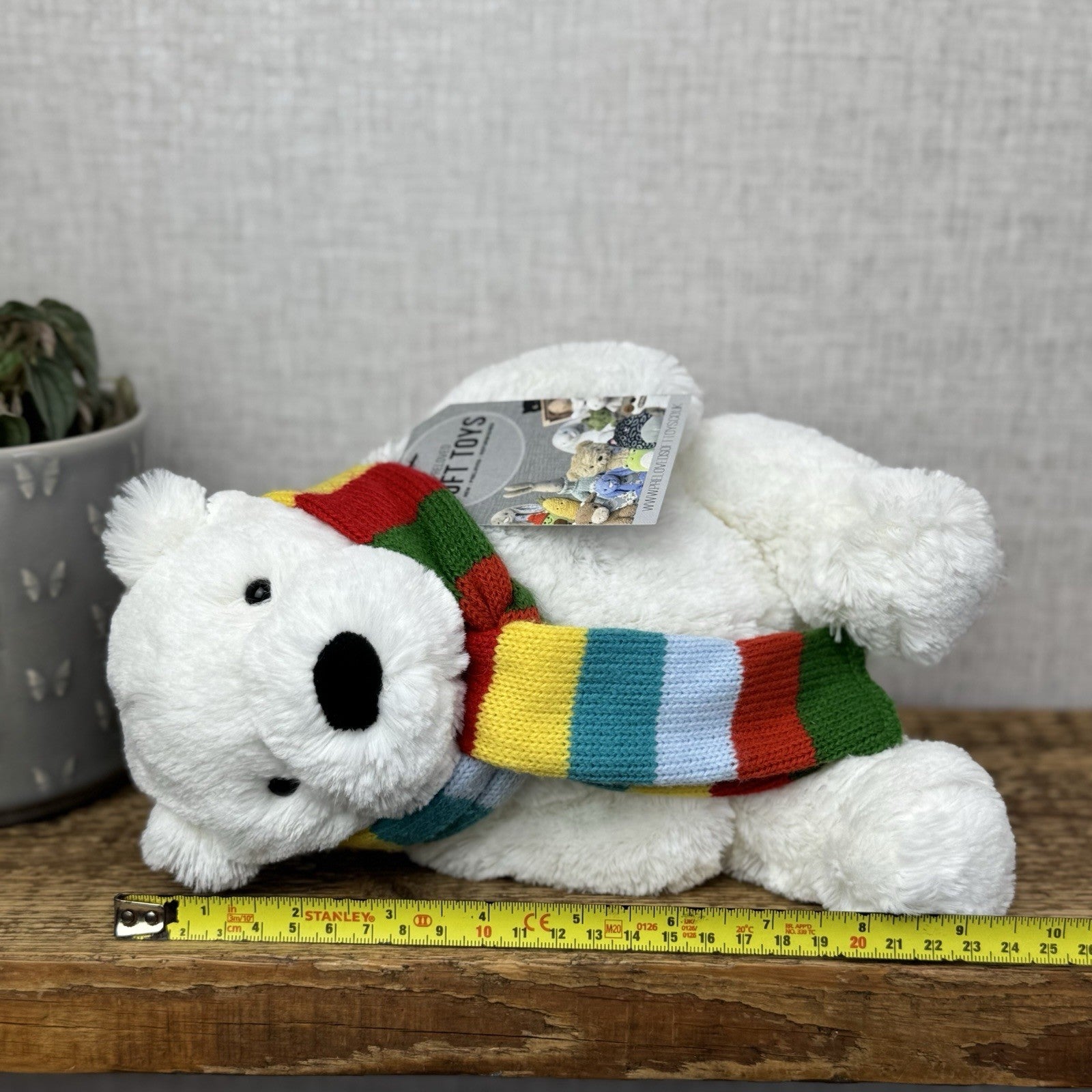 John Lewis Polar Bear Beanie Plush Rainbow Scarf - Christmas Bear (Jellycat) 10"