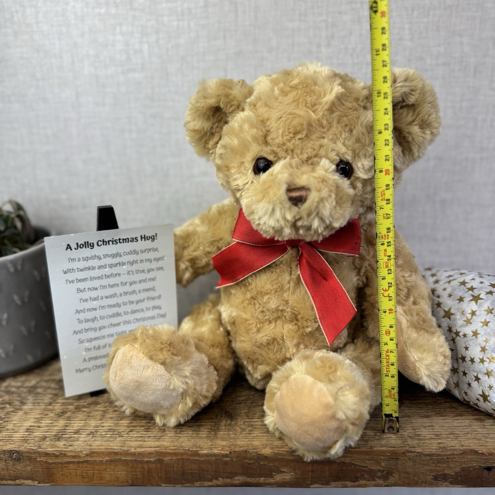 Traditional Bear Golden Beanie Red Bow- Christmas Gift Soft Toy Wrapped & Ready