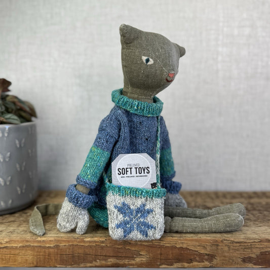 Maileg Medium Cat - Grey Retired Cat With Christmas Knitted Clothing - Rare 14"