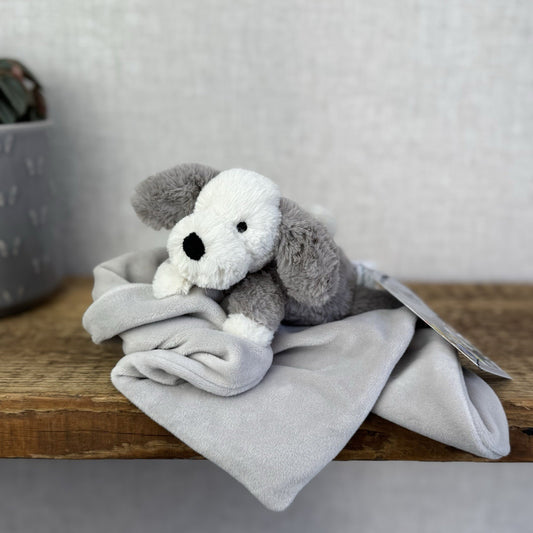 Jellycat Shooshu Puppy Soother Comfort Blanket Grey Retired Rare (Smudge Puppy)