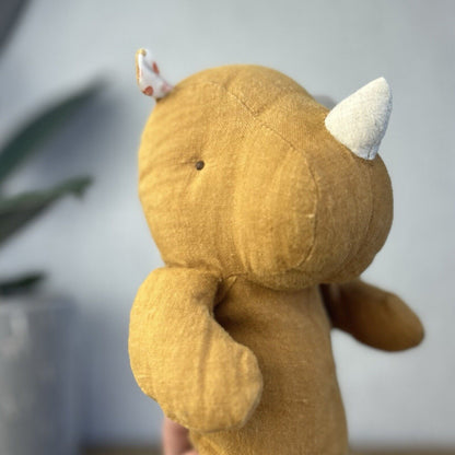 Maileg Rhino Safari Friends - Small Mustard/ochre Rhino Linen Soft Toy Beanie 8"