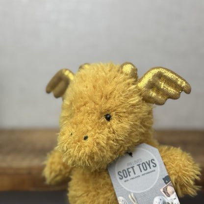 Jellycat Little Dragon - Fluffy Light Gold Dragon Beanie Plush Curly Hair 7”