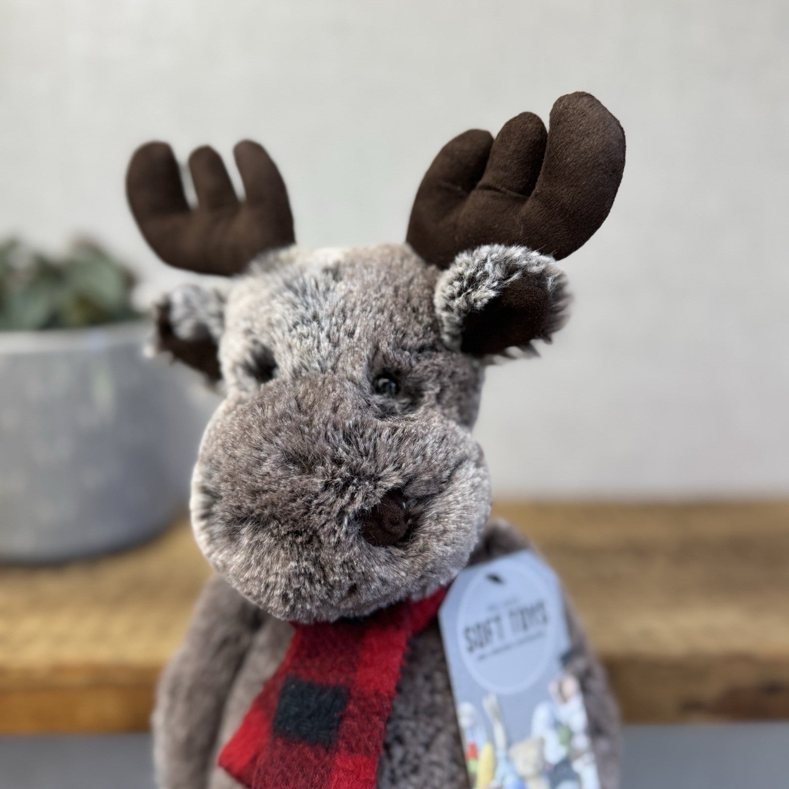 Jellycat Medium Bashful Moose With Scarf - Check Red/Black Scarf Woodland Moose