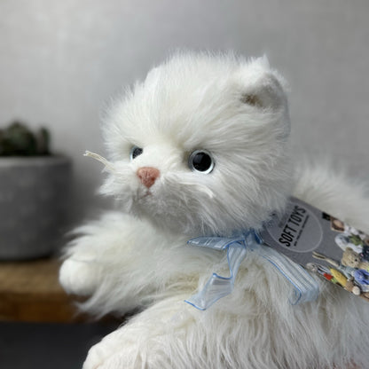 TY Sugar White Persian Cat - White Fluffy Persian Cat Blue Eyes & Bow 2002