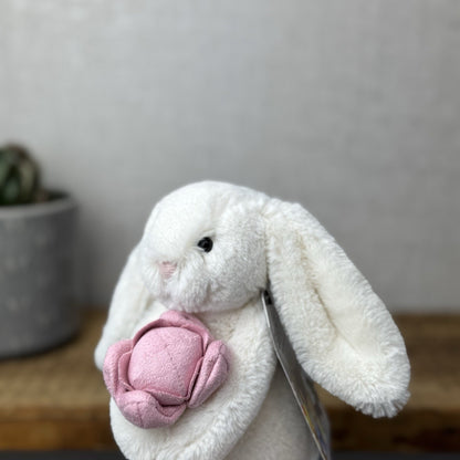Jellycat Small Bashful Bunny Peony - Small Bunny With Pink Flower NWOT 8"