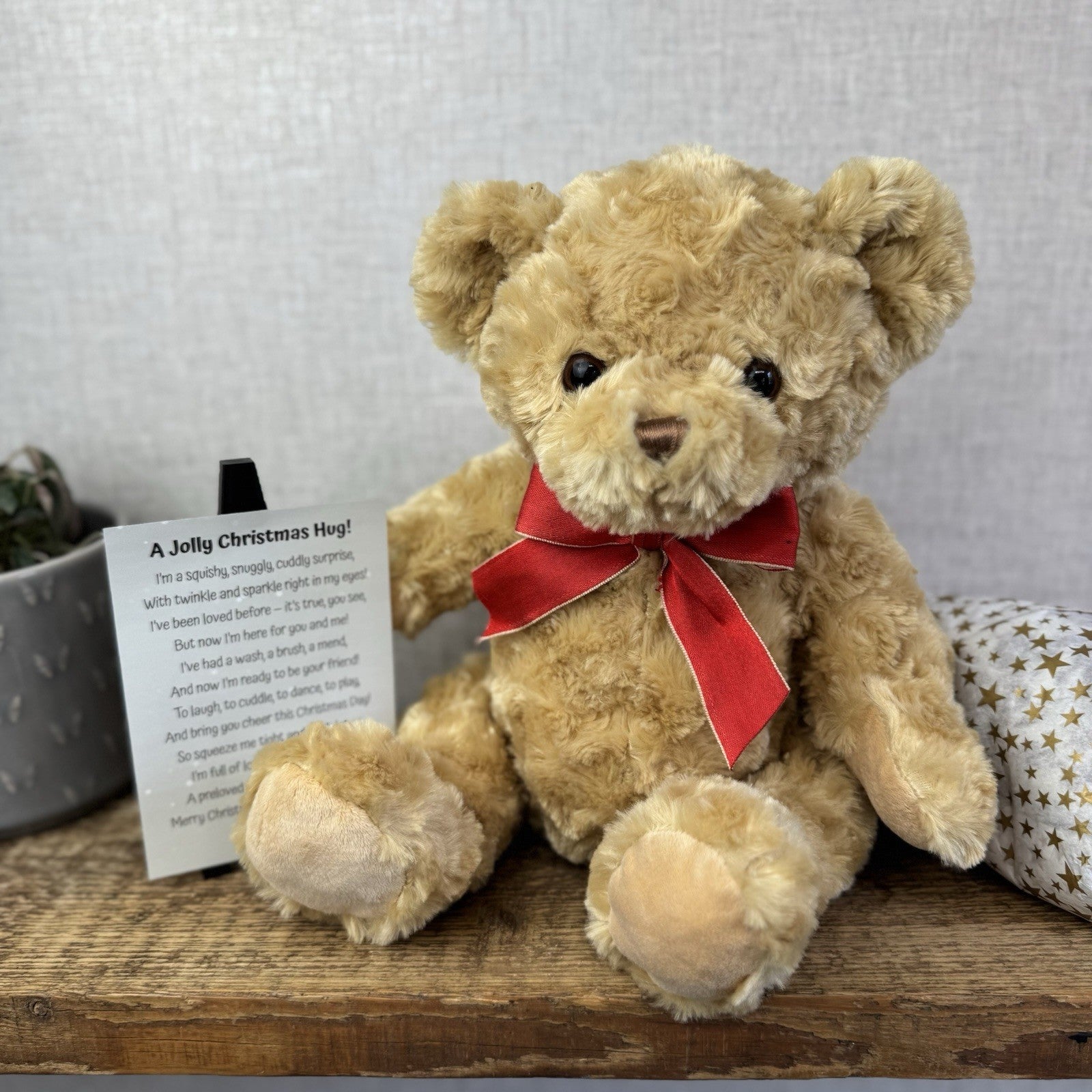 Traditional Bear Golden Beanie Red Bow- Christmas Gift Soft Toy Wrapped & Ready