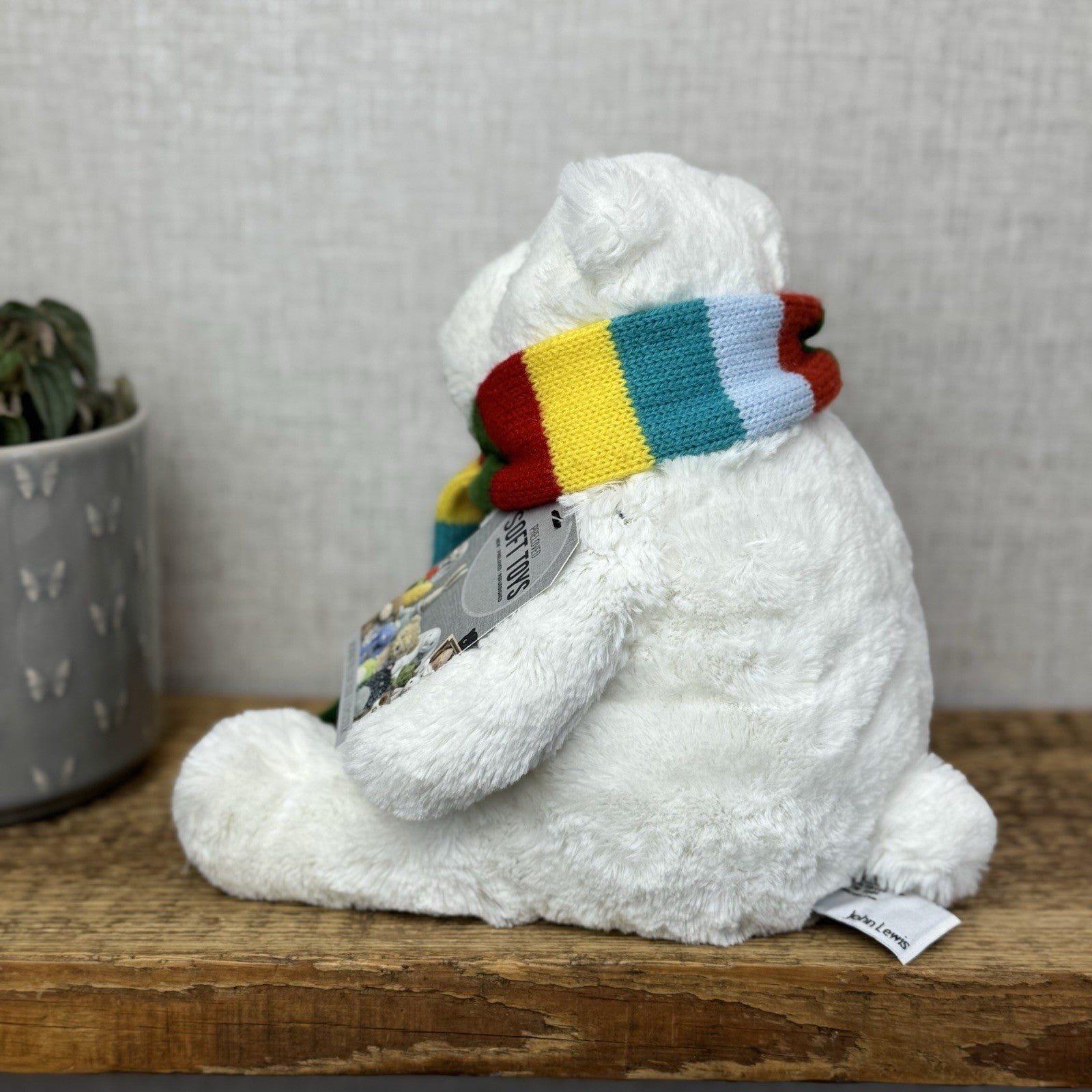 John Lewis Polar Bear Beanie Plush Rainbow Scarf - Christmas Bear (Jellycat) 10"