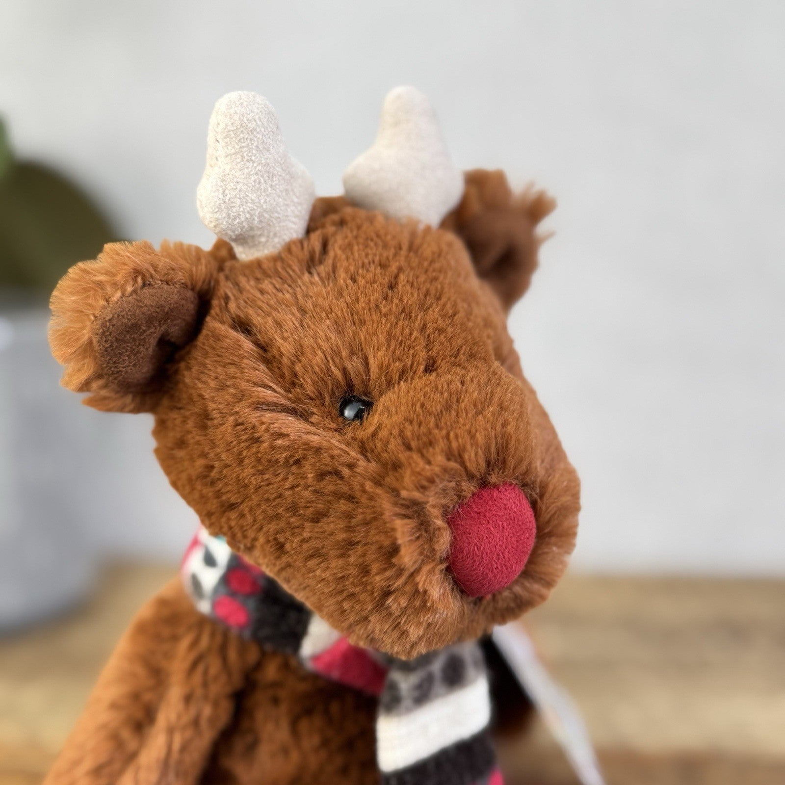 Jellycat Small Bashful Reindeer With Scarf - Red Nose Reindeer Beanie Plush 8”