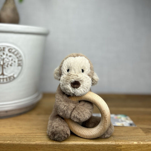 Jellycat Shooshu Monkey Teething Ring - Rattle Toy - Monkey Smudge Teether 5”