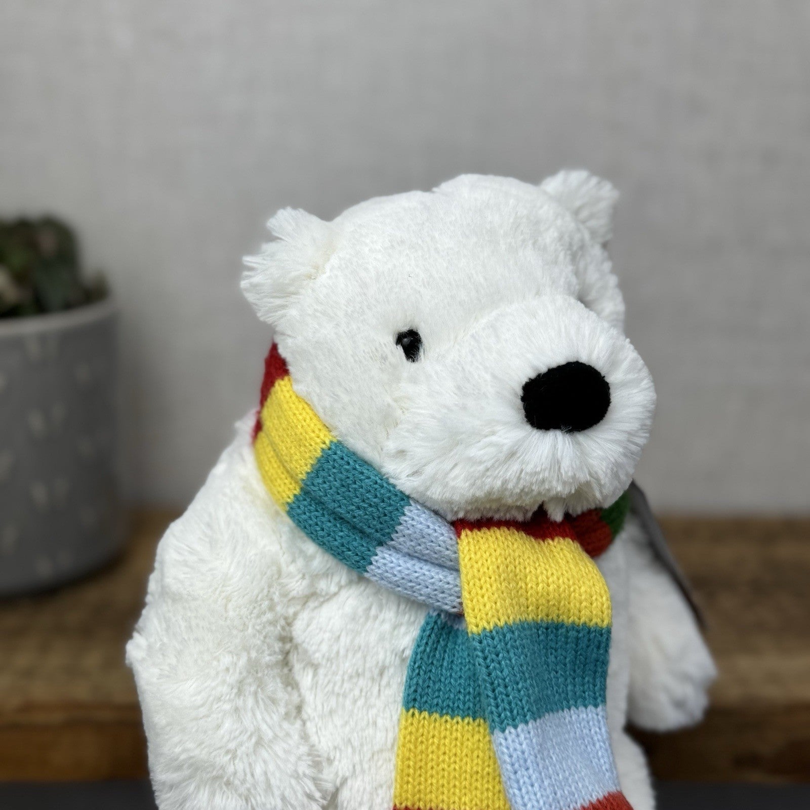John Lewis Polar Bear Beanie Plush Rainbow Scarf - Christmas Bear (Jellycat) 10"