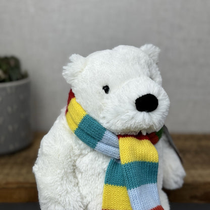John Lewis Polar Bear Beanie Plush Rainbow Scarf - Christmas Bear (Jellycat) 10"