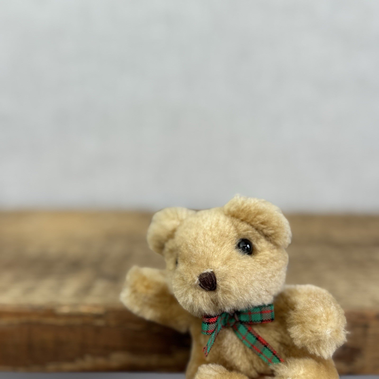 Russ Vintage Miniature Teddy Bear Tartan Bow - Tiny 3" Soft Toy Brown Bear Rare