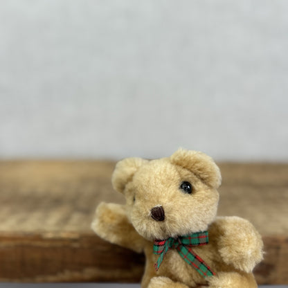 Russ Vintage Miniature Teddy Bear Tartan Bow - Tiny 3" Soft Toy Brown Bear Rare