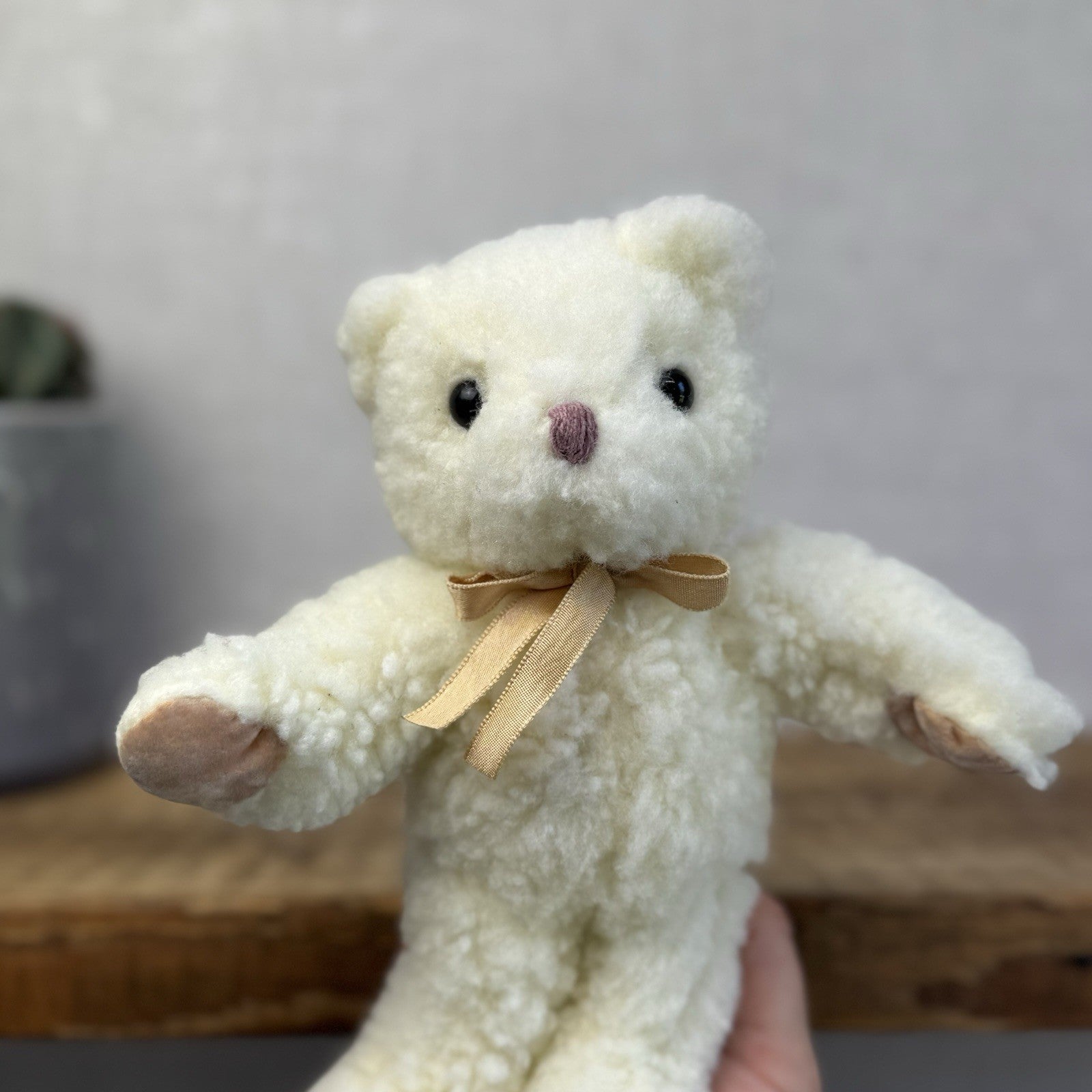 Vintage Mothercare Bear 1990 - Fleecy Off White Bear Gold Bow Suede Paws 8”