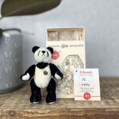 Teddy Hermann Miniature Panda - Tiny jointed Panda Bear Artist Bear With Box 9cm