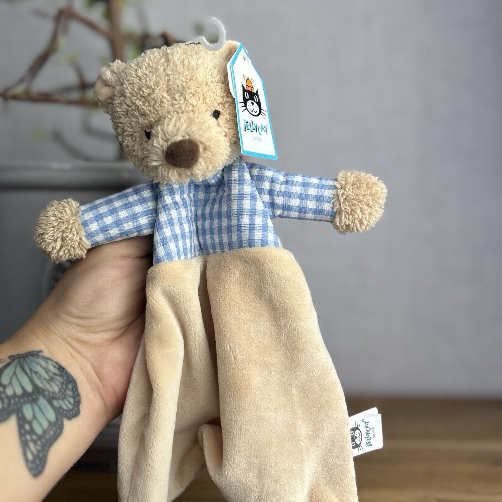 Jellycat Thomas Bear Soother Comforter Baby Soft Toy Beige Blue Gingham Plush