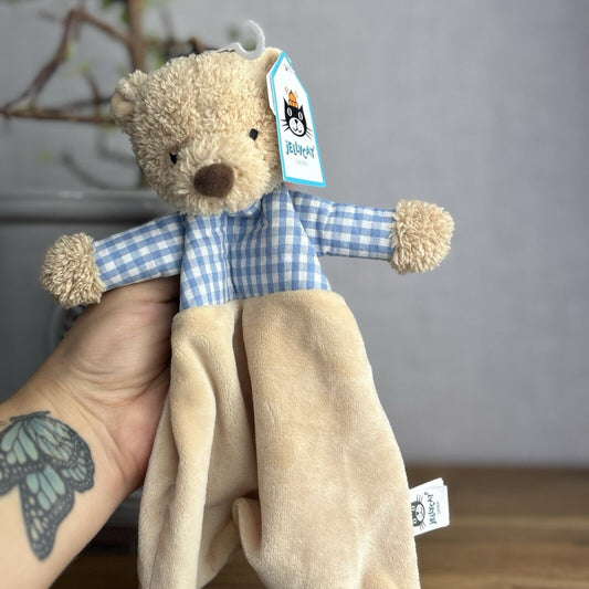 Jellycat Thomas Bear Soother Comforter Baby Soft Toy Beige Blue Gingham Plush