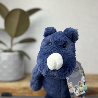 Jellycat Medium Navy Bashful Rhino - Medium Rhino Dark Blue Sitting Beanie Plush