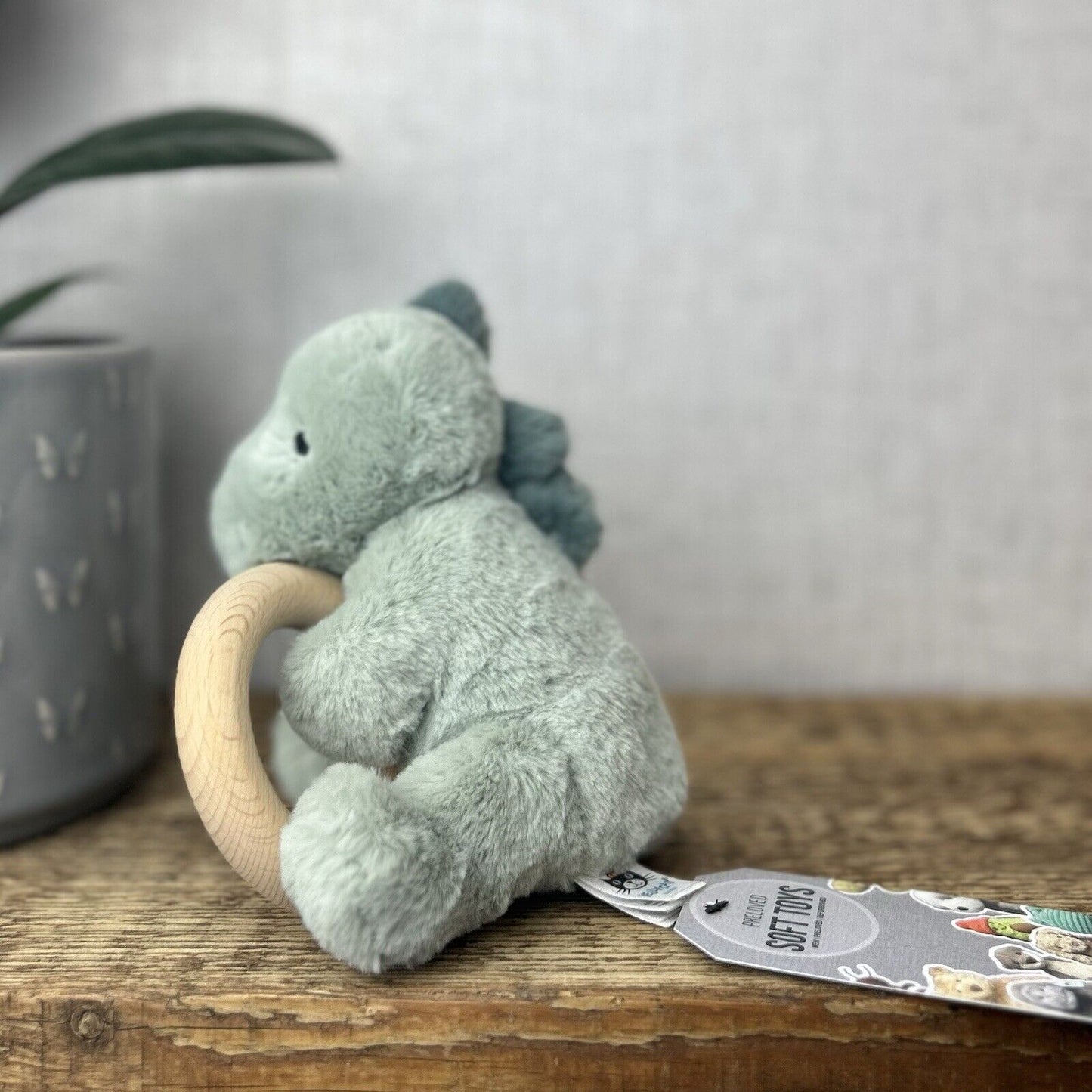Jellycat Shooshu Dinosaur Wooden Teething Ring Rattle 6" Soft Toy Comforter