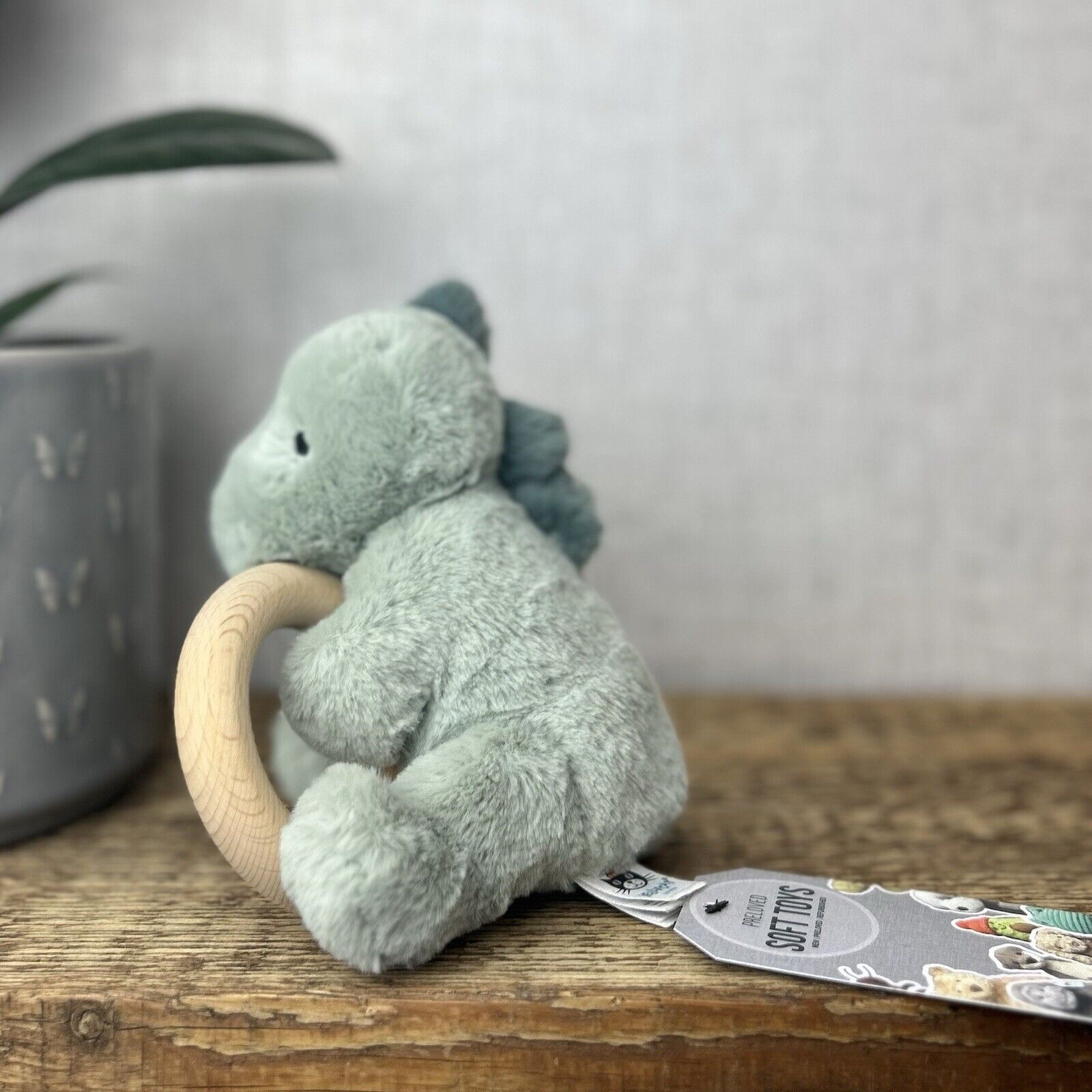 Jellycat Shooshu Dinosaur Wooden Teething Ring Rattle 6" Soft Toy Comforter