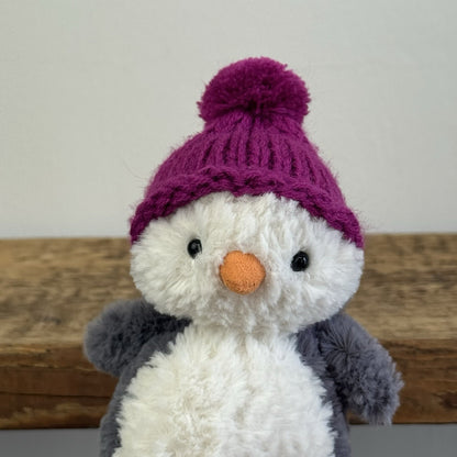 Jellycat Wee Penguin In Purple Bobble Hat - Mini Penguin Plush Winter 6”