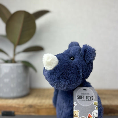 Jellycat Medium Navy Bashful Rhino - Medium Rhino Dark Blue Sitting Beanie Plush