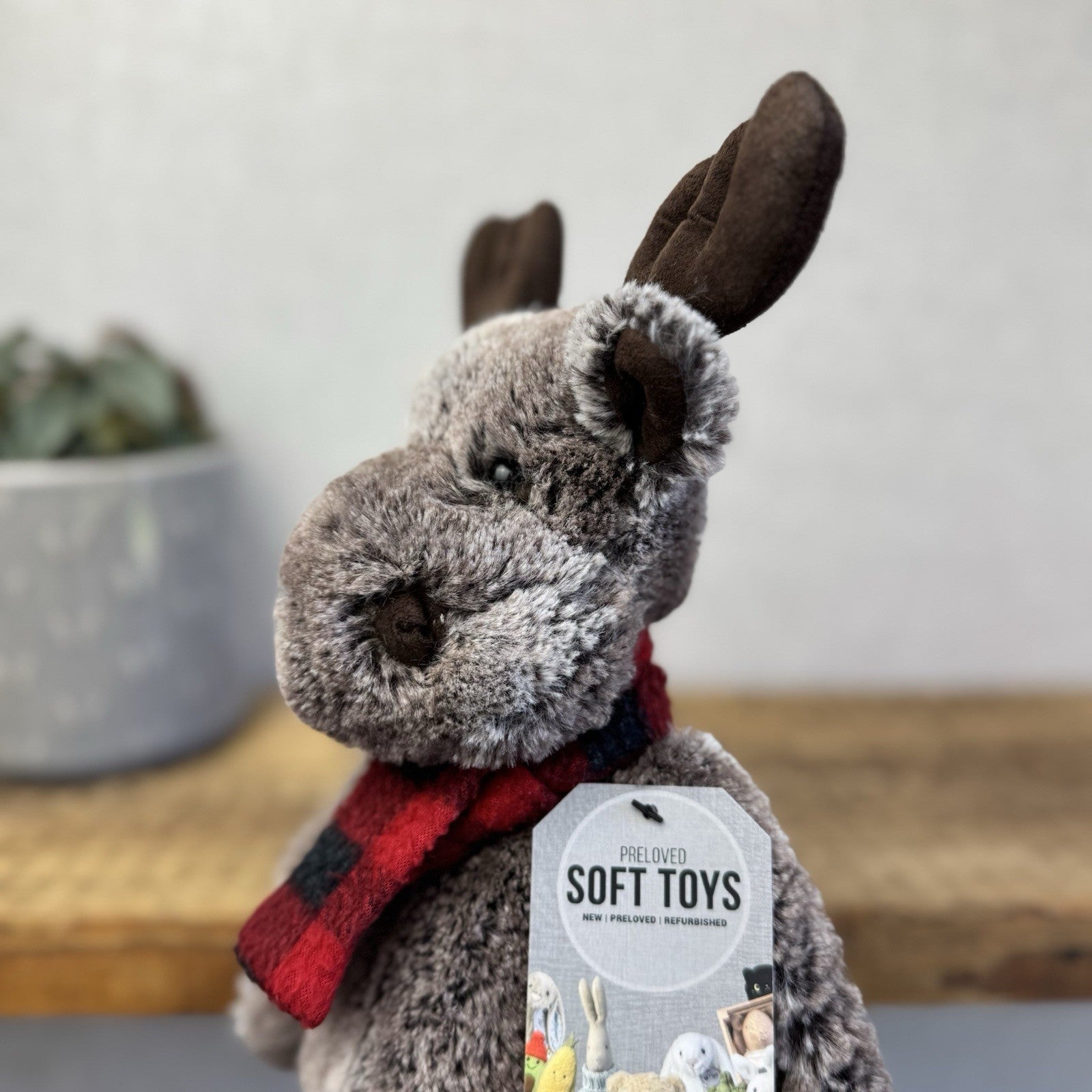 Jellycat Medium Bashful Moose With Scarf - Check Red/Black Scarf Woodland Moose