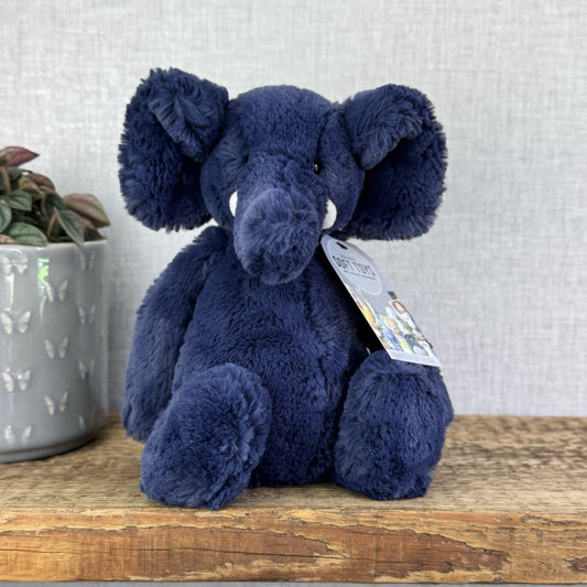 Jellycat Medium Bashful Navy Blue Elephant - Medium Blue With Tusks 12”