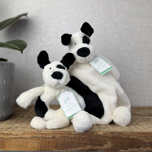 Jellycat Bashful Black & Cream Puppy Comforter & Ring Rattle Gift Set - New Baby