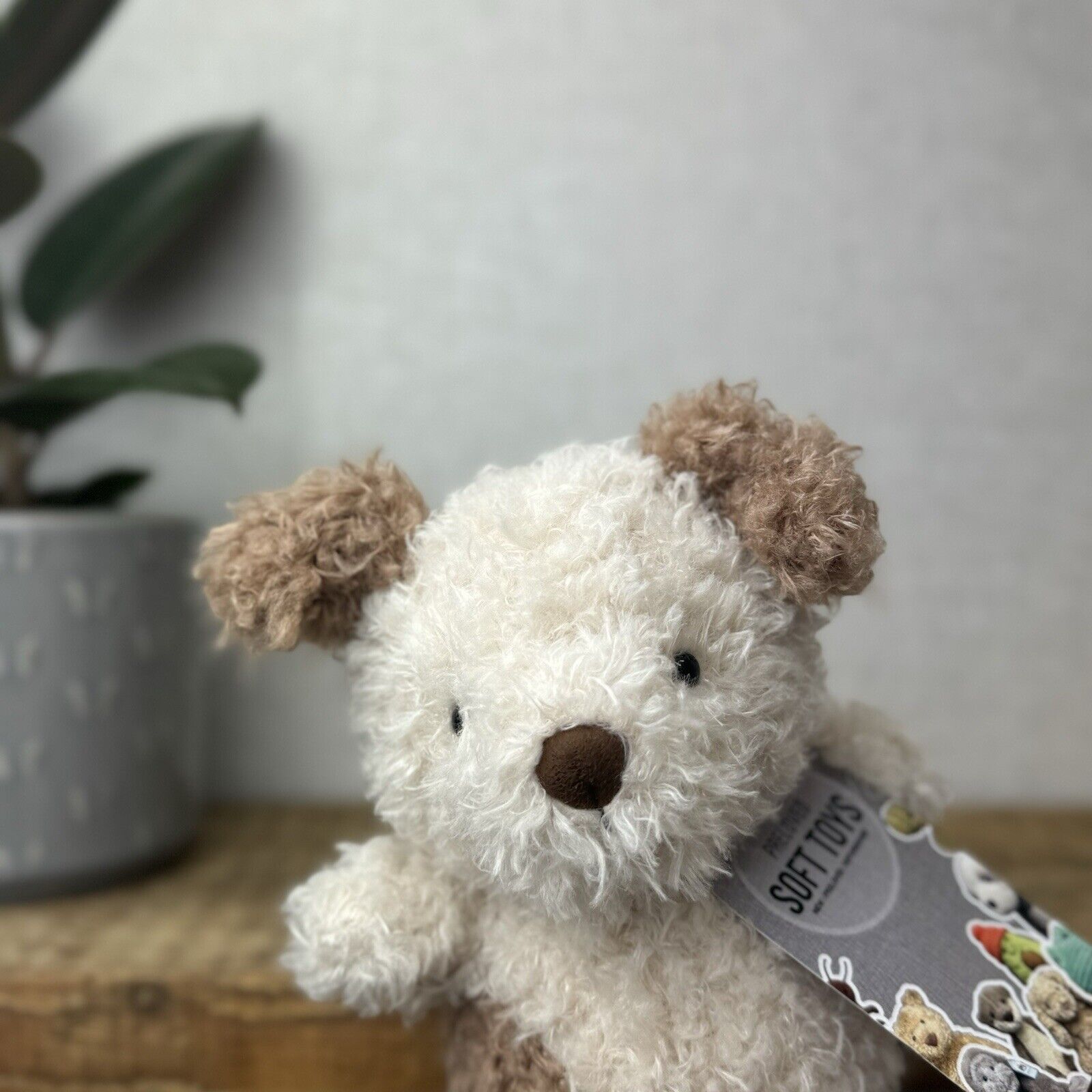 Jellycat Little Pup - Beige & Tan Small Curly Fur Puppy Beanie Toy Plush Dog 7"