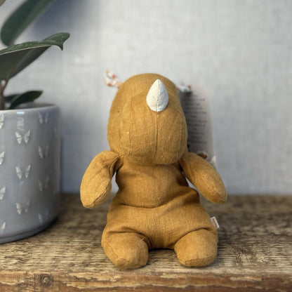 Maileg Rhino Safari Friends - Small Mustard/ochre Rhino Linen Soft Toy Beanie 8"