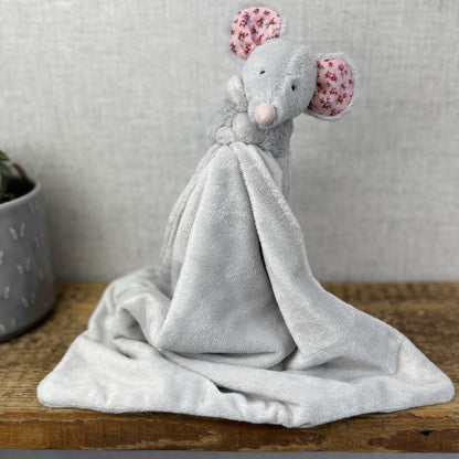 Jellycat Bashful Blossom Mouse Soother - Grey Mouse Comfort Blanket Pink Ears